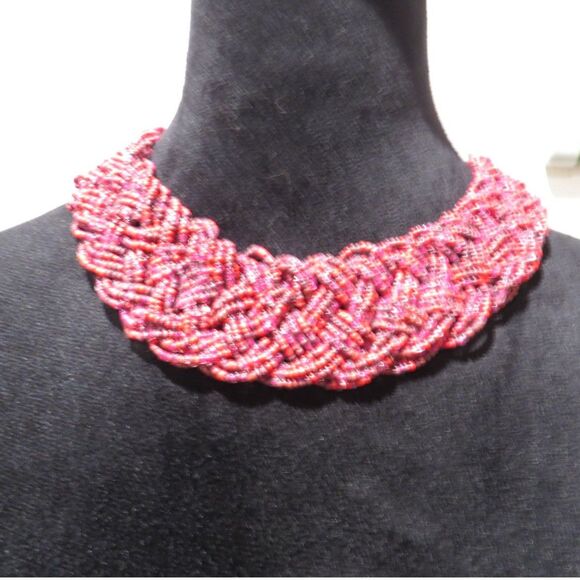 The Unbranded Brand Jewelry - Vintage 90's Braided Seed Bead Multi-Strand Statement Collar  Necklace Red EUC